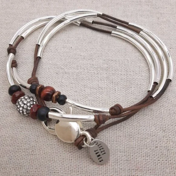 Lizzy James Brown Leather Silver Cat's Eye Gemstone Rhinestone Wrap Bracelet - Picture 1 of 5